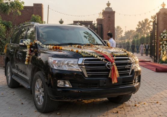 Decorated Toyota at a Wedding Entrance